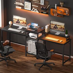 Unikito L Shaped Desk with LED Strip and Power Outlets, 2 Person Computer Desk with LED Light and Power Outlet, Double Gaming Desk,Black