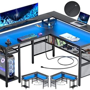 Unikito L Shaped Desk with LED Strip and Power Outlets, 2 Person Computer Desk with LED Light and Power Outlet, Double Gaming Desk,Black