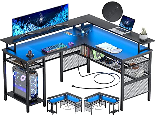 Unikito L Shaped Desk with LED Strip and Power Outlets, 2 Person Computer Desk with LED Light and Power Outlet, Double Gaming Desk,Black