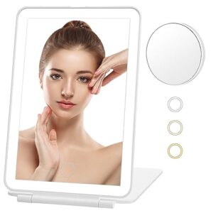 atdoom travel makeup mirror with 10x magnifying mirror, vanity mirror with 80 led lights, 3 colors light modes, rechargeable 2000mah batteries, dimmable touch screen, travel accessories for women