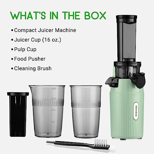 Juicer Machines-SOVIDER Compact Slow Masticating Juicer Extractor- 3.1" Wide Chute Cold Press Juicer for High Nutrient Fruits Vegetables Easy Clean with Brush| Pulp, Measuring Cup, Reverse Function (Dark Green) (Slow Masticating Juicers)