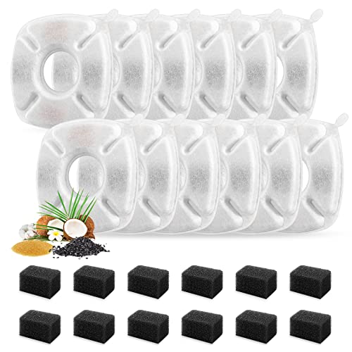 12 Pack Cat Water Fountain Replacement Filters with 12 Pack Pre-Filter Sponges, Pet Fountain Filter Fit for 95oz/2.8L Automatic Pet Fountain Cat Water Fountain Dog Water Dispenser