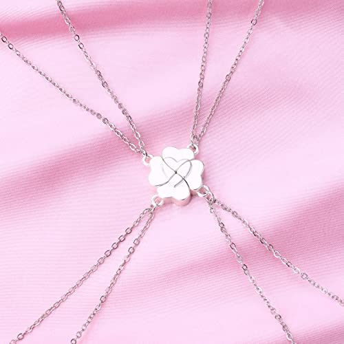 DOYYCA Friendship Necklace Magnetic Matching Four Leaf Clover Best Friend Necklace Gifts for Girls Women Magnet BFF Necklace for 4 (Silver)