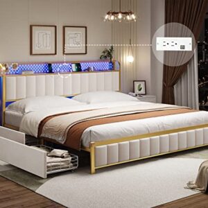 BTHFST Full Bed Frame with Storage Headboard & Drawers, LED Bed Frame with USB Ports & Outlets, Upholstered Full Size Platform Bed Frame, Creamy White & Gold