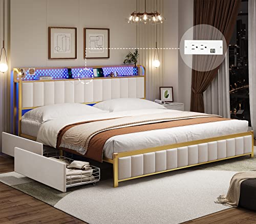 BTHFST Full Bed Frame with Storage Headboard & Drawers, LED Bed Frame with USB Ports & Outlets, Upholstered Full Size Platform Bed Frame, Creamy White & Gold