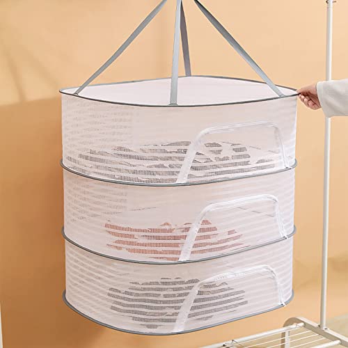 Herb Drying Rack Hanging Foldable Mesh Net with Zipper Food Dry Net Sweater Drying Rack for Drying Seeds, Herb, Vegs, Fruits, Bud, Plants(3 layers)