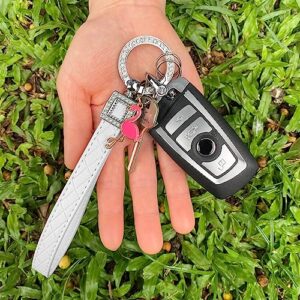 OHKYOOT Microfiber Leather Wristlet Keychain,Key Chain Holder Car Keys Keychain with 5 Key Ring and Anti-Lost D Ring (White Silver)