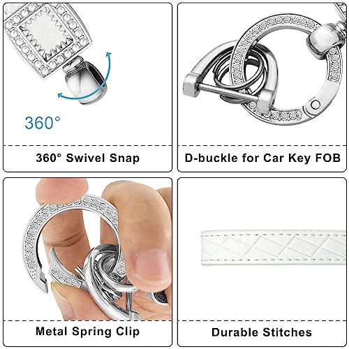 OHKYOOT Microfiber Leather Wristlet Keychain,Key Chain Holder Car Keys Keychain with 5 Key Ring and Anti-Lost D Ring (White Silver)