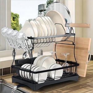 gretuld dish drying rack,2 tier detachable dish drying rack with drainboard set for kitchen counter,black metal dish rack with wine glass holder and utensils holder