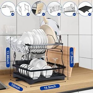 gretuld Dish Drying Rack,2 Tier Detachable Dish Drying Rack with Drainboard Set for Kitchen Counter,Black Metal Dish Rack with Wine Glass Holder and Utensils Holder