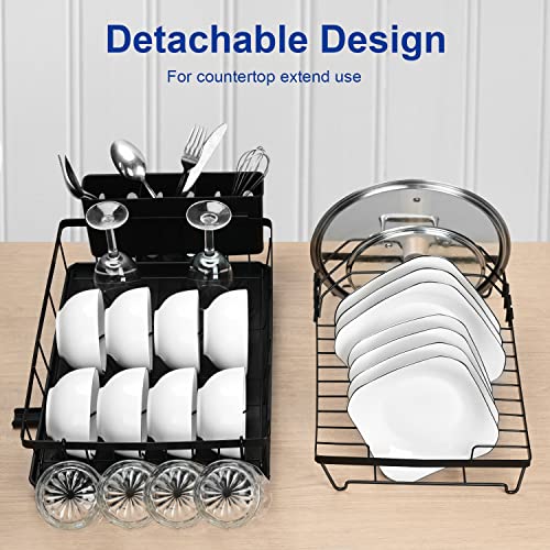 gretuld Dish Drying Rack,2 Tier Detachable Dish Drying Rack with Drainboard Set for Kitchen Counter,Black Metal Dish Rack with Wine Glass Holder and Utensils Holder