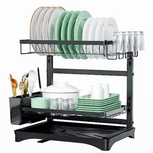 kooteta dish drying rack, 2-tier dish rack for kitchen counter, space saving kitchen drying rack, dish dryer rack with drainboard, utensil holder and cup holders, black