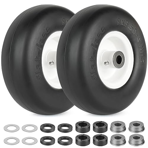 LotFancy 9x3.50-4” Flat Free Tire and Wheel, 2 PCS Lawn Mower Tire, 3/4" or 5/8" Bushings, 3.5"-4"-4.5"-5" Centered Hub, Smooth Tread Tire for Zero Turn Mowers