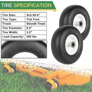 LotFancy 9x3.50-4” Flat Free Tire and Wheel, 2 PCS Lawn Mower Tire, 3/4" or 5/8" Bushings, 3.5"-4"-4.5"-5" Centered Hub, Smooth Tread Tire for Zero Turn Mowers