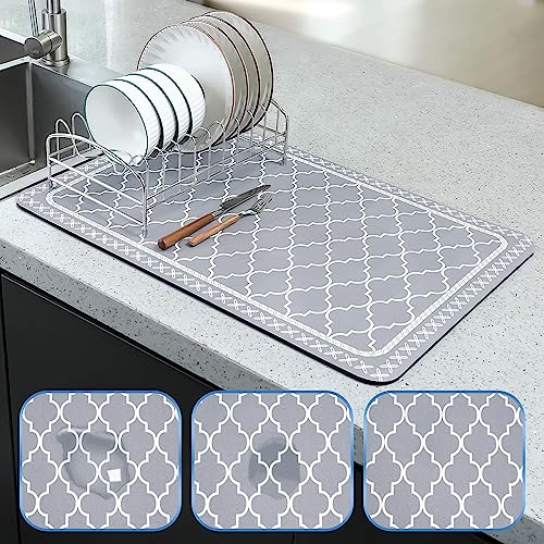 Dish Drying Mat - 24"x16" Large Dish Drying Mat for Kitchen Counter Cabinets Shelf Waterproof Protector Mats, Ultra Absorbent, Quick Dry, Hide Stain, with Non-slip Rubber Backed - Dish Rack Mat