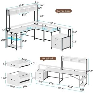 Rolanstar Computer Desk with File Drawer & Led Lights, 102.4" L Shaped Desk with Power Outlets, Gaming Desk with Monitor Stand, Hutch & Storage Shelf, Home Office Desk White