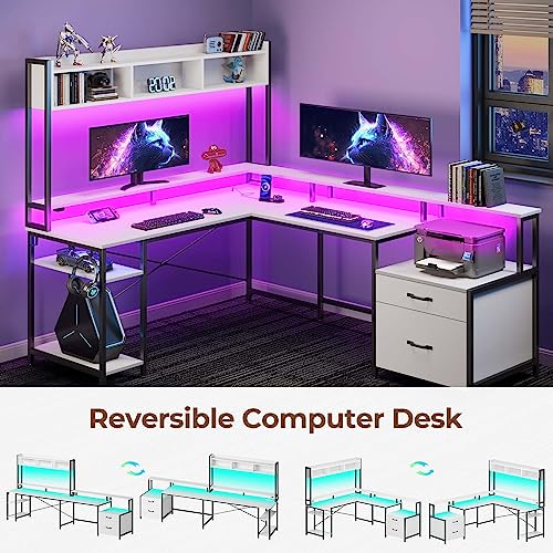 Rolanstar Computer Desk with File Drawer & Led Lights, 102.4" L Shaped Desk with Power Outlets, Gaming Desk with Monitor Stand, Hutch & Storage Shelf, Home Office Desk White