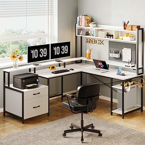 Rolanstar Computer Desk with File Drawer & Led Lights, 102.4" L Shaped Desk with Power Outlets, Gaming Desk with Monitor Stand, Hutch & Storage Shelf, Home Office Desk White