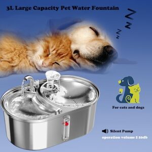 MewDgland Cat Water Fountain 3L/101oz Stainless Steel, 2 in 1 Cat Food Bowl and Pet Water Fountain for Cats Inside, Quiet Automatic Water Dispenser for Dogs and Cats