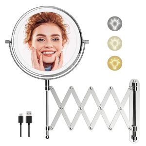 rechargeable wall mounted makeup mirror - 8 inch double sided 1x/10x magnifying mirror with 3 color lights dimmable touch screen, 360°swivel 19.6 inch extendable mesh bathroom mirror - chrome