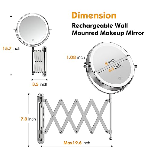 Rechargeable Wall Mounted Makeup Mirror - 8 Inch Double Sided 1X/10X Magnifying Mirror with 3 Color Lights Dimmable Touch Screen, 360°Swivel 19.6 Inch Extendable Mesh Bathroom Mirror - Chrome