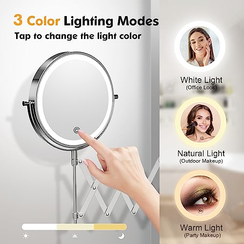 Rechargeable Wall Mounted Makeup Mirror - 8 Inch Double Sided 1X/10X Magnifying Mirror with 3 Color Lights Dimmable Touch Screen, 360°Swivel 19.6 Inch Extendable Mesh Bathroom Mirror - Chrome