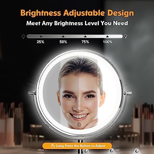 Rechargeable Wall Mounted Makeup Mirror - 8 Inch Double Sided 1X/10X Magnifying Mirror with 3 Color Lights Dimmable Touch Screen, 360°Swivel 19.6 Inch Extendable Mesh Bathroom Mirror - Chrome