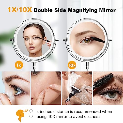 Rechargeable Wall Mounted Makeup Mirror - 8 Inch Double Sided 1X/10X Magnifying Mirror with 3 Color Lights Dimmable Touch Screen, 360°Swivel 19.6 Inch Extendable Mesh Bathroom Mirror - Chrome