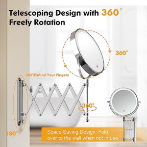 Rechargeable Wall Mounted Makeup Mirror - 8 Inch Double Sided 1X/10X Magnifying Mirror with 3 Color Lights Dimmable Touch Screen, 360°Swivel 19.6 Inch Extendable Mesh Bathroom Mirror - Chrome