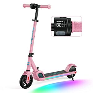 smoosat pro electric scooter for kids, colorful rainbow light, led display, adjustable speeds and heights, foldable e-scooter for ages 8 and up