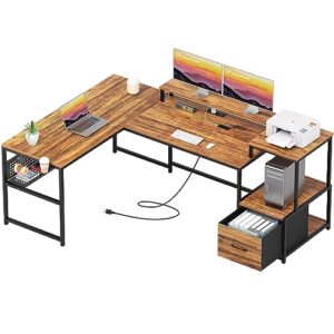 greenforest l shaped desk with drawers and printer stand, 69 inch home office computer desk with power outlet, monitor shelf, storage shelves and hooks for writing, studying, working, walnut