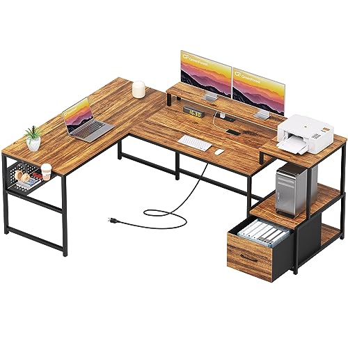 GreenForest L Shaped Desk with Drawers and Printer Stand, 69 inch Home Office Computer Desk with Power Outlet, Monitor Shelf, Storage Shelves and Hooks for Writing, Studying, Working, Walnut