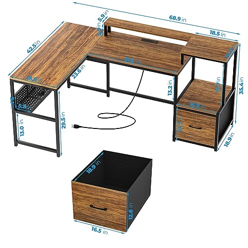 GreenForest L Shaped Desk with Drawers and Printer Stand, 69 inch Home Office Computer Desk with Power Outlet, Monitor Shelf, Storage Shelves and Hooks for Writing, Studying, Working, Walnut