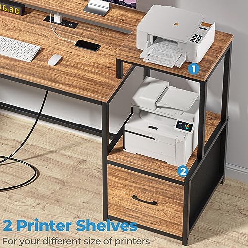 GreenForest L Shaped Desk with Drawers and Printer Stand, 69 inch Home Office Computer Desk with Power Outlet, Monitor Shelf, Storage Shelves and Hooks for Writing, Studying, Working, Walnut