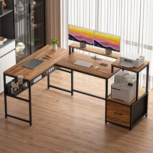 GreenForest L Shaped Desk with Drawers and Printer Stand, 69 inch Home Office Computer Desk with Power Outlet, Monitor Shelf, Storage Shelves and Hooks for Writing, Studying, Working, Walnut