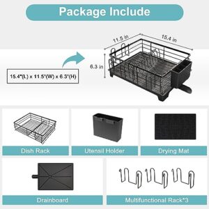 MAJALiS Dish Drying Rack, Dish Racks for Kitchen Counter, Dish Drainer with Drainboard Set, Drying Mat, Glass & Utensil Holder, Durable Stainless Steel Kitchen Organizer and Storage, Black