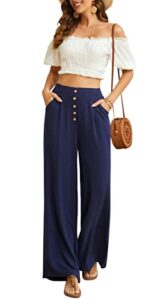 svaliy women flowy pants cotton linen wide leg palazzo pants long lounge slacks high waist button trousers pocket navy m