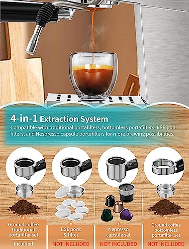 Espresso Machine, Stainless Steel Espresso Machine with Milk Frother for Latte, Cappuccino, Machiato,for Home Espresso Maker, 1.8L Water Tank, Semi Automatic Espresso Machines 20 Bar