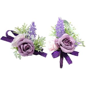 lengenyen 2pcs purple wrist corsage and boutonniere set, artificial rose flower corsage wristlet and men's boutonniere set for wedding prom anniversary homecoming formal dinner party