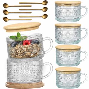 6 set 14oz vintage glass coffee mugs with bamboo lids and spoon clear embossed glassware with handle glass coffee tea cups for cappuccino latte cereal yogurt beverage (6pcs(3*sunflower 3*raindrops))