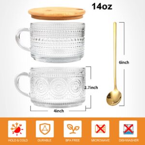 6 Set 14oz Vintage Glass Coffee Mugs with Bamboo Lids and Spoon Clear Embossed Glassware with Handle Glass Coffee Tea Cups for Cappuccino Latte Cereal Yogurt Beverage (6PCS(3*sunflower 3*raindrops))