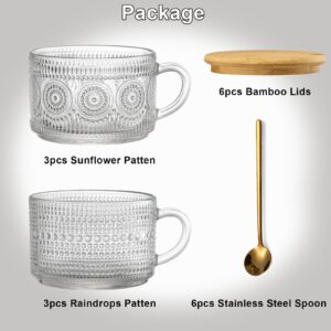 6 Set 14oz Vintage Glass Coffee Mugs with Bamboo Lids and Spoon Clear Embossed Glassware with Handle Glass Coffee Tea Cups for Cappuccino Latte Cereal Yogurt Beverage (6PCS(3*sunflower 3*raindrops))