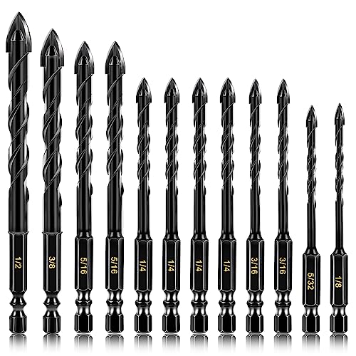 12-PCS Concrete Drill Bit Set & Masonry Drill Bit Set, Cement Drill Bits for Concrete Brick Wall, Tile Glass Ceramic, Masonry Drill Bit 1/8 to 1/2 inch Industrial Strength Carbide Cross Drill Bit Tip