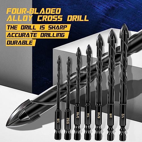 12-PCS Concrete Drill Bit Set & Masonry Drill Bit Set, Cement Drill Bits for Concrete Brick Wall, Tile Glass Ceramic, Masonry Drill Bit 1/8 to 1/2 inch Industrial Strength Carbide Cross Drill Bit Tip