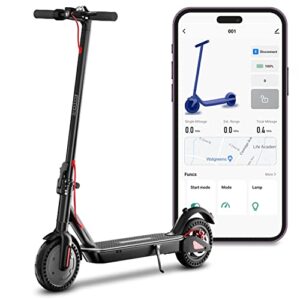 monibloom e scooter 19 mph & 16 mile range, 8.5" solid tires electric kick scooter w/maximum grade climb of 15%, cruise control, ip4 waterproof load 330lbs folding commuting scooter for adults & teens