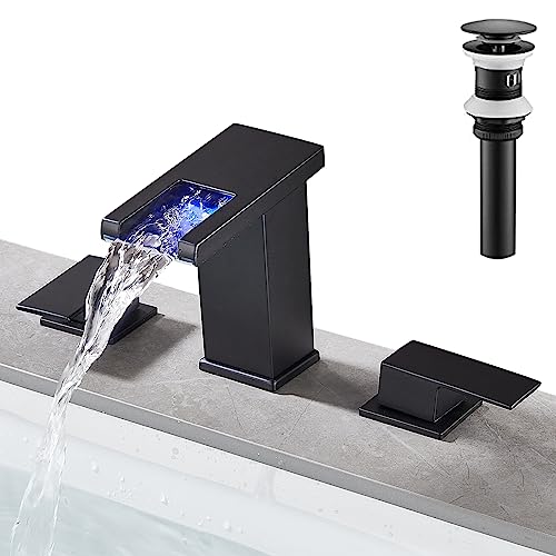 Skybathjoy LED Light Widespread Bathroom Sink Faucet 3 Hole Waterfall Spout Black Bathroom Faucet with Drain and Hoses Assembly RV Bath Vanity Faucets for Sinks 3 Hole