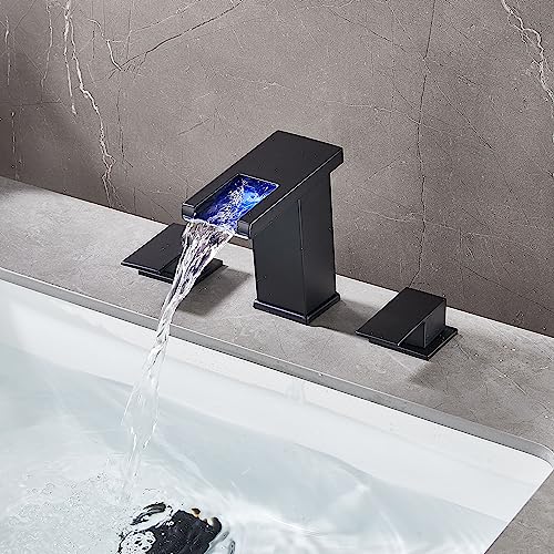 Skybathjoy LED Light Widespread Bathroom Sink Faucet 3 Hole Waterfall Spout Black Bathroom Faucet with Drain and Hoses Assembly RV Bath Vanity Faucets for Sinks 3 Hole