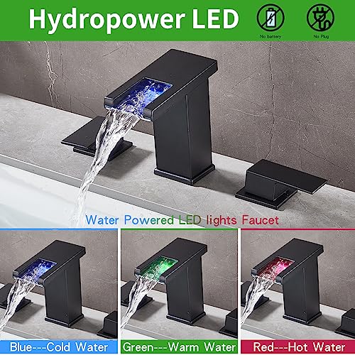 Skybathjoy LED Light Widespread Bathroom Sink Faucet 3 Hole Waterfall Spout Black Bathroom Faucet with Drain and Hoses Assembly RV Bath Vanity Faucets for Sinks 3 Hole