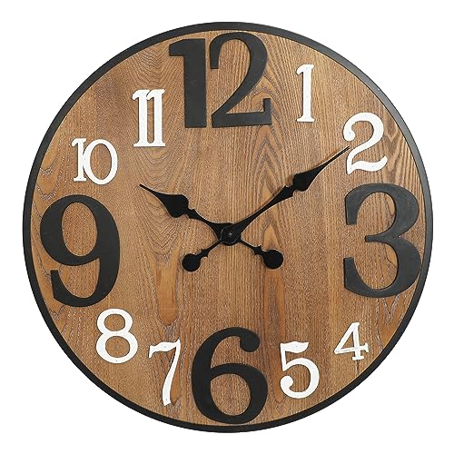 RiteSune 24 Inch Wood Wall Clock, Modern Large Numerals Battery Operated Quartz Movement, Black Metal Frame Decor Clock for Living Room Office Kitchen Bedroom, Entryway, Home, Office