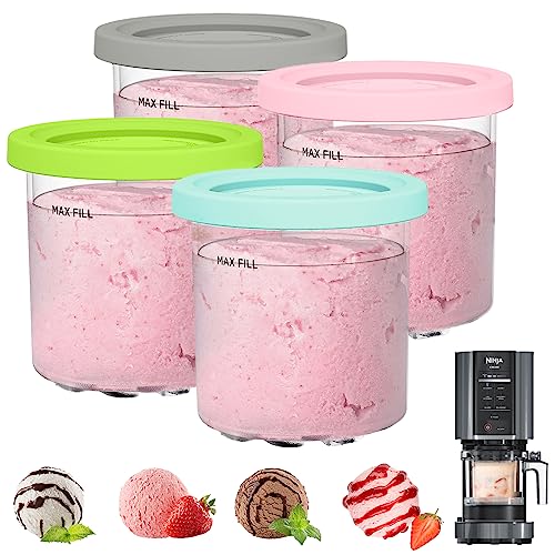 Fitchi Ice Cream Pint Containers Replacement for Ninja Creami Pints and Lids - 4 Pack, Compatible with NC300 & NC301 & NC299AMZ Series, Leakproof, and Dishwasher Safe, Pink/Green/Grey/Blue